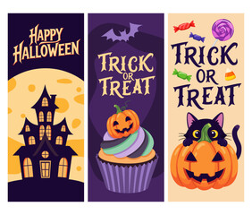 Halloween Banners Vector Set with House, Cupcake and Cat