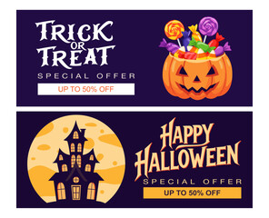 Halloween Sale Banners Vector with Pumpkin and Haunted House