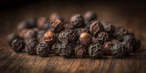 Obraz premium Close-Up of Whole Black Peppercorns on Rustic Wooden Surface Showcasing Rich Texture, Natural Color, and Culinary Appeal