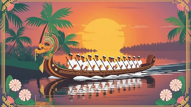 Vibrant Animation of a Traditional Kerala Snake Boat Race During a Golden Sunset