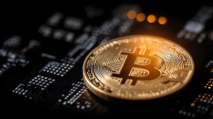 Golden bitcoin coin rests on a circuit board.