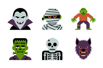 Classic monster face icons, vampire mummy zombie frankenstein skeleton werewolf, halloween character vector, scary avatar clipart, costume party design