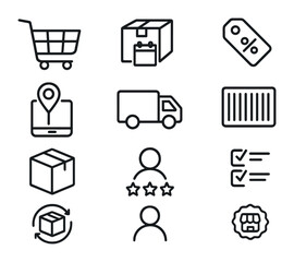 E-commerce Icon Set. Outline icon set of e-commerce subscriptions: shopping cart, monthly box, discount tag,