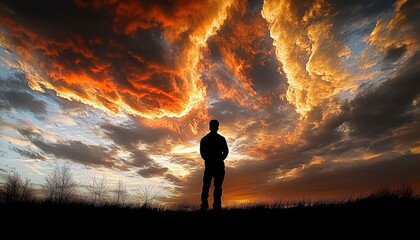 Fototapeta premium Silhouette of a Man Watching a Dramatic Fiery Cloud Formation on the Horizon During Sunset