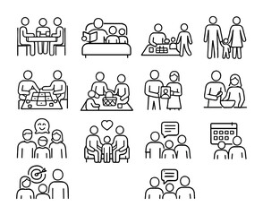 Fototapeta premium Family Bonding Icons. Outline icon set of family bonding routines: dinner table, bedtime story, board game,