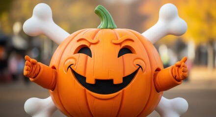 Naklejka premium Friendly Halloween Pumpkin Character with Crossed Bones Decoration