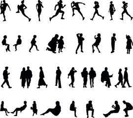 Set of 32 people - silhouettes and line art. Walking, running, standing, sitting and posing.