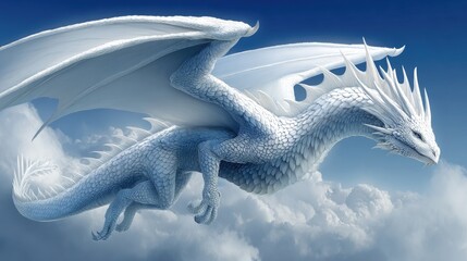 Majestic white dragon soaring through clouds