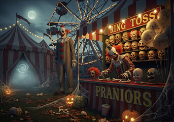 Creepy halloween carnival scene with clowns, ring toss, and jack-o'-lanterns