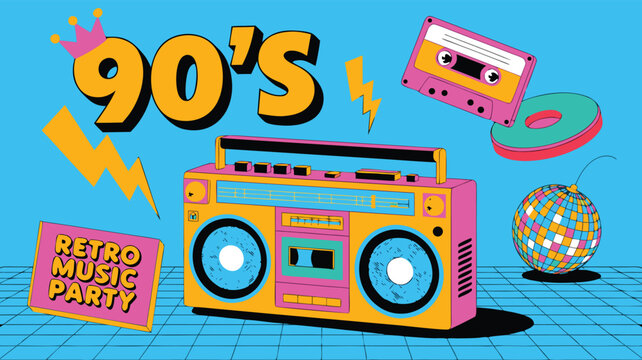 Colorful 90s Retro Music Party Featuring Boombox, Cassette Tape, Disco Ball on Blue Background