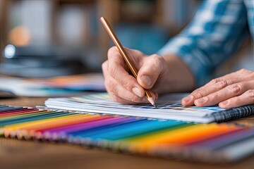 Close-up of artist's hands drawing with colored pencils