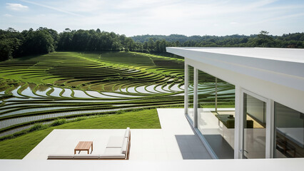 White house facing wide green valley of rice terraces