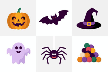 Naklejka premium Halloween icon mix, jack o lantern ghost bat witch hat spider candy, flat vector illustration, cute spooky clipart, party decoration set