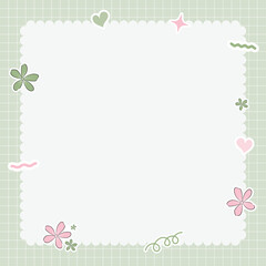 Cute kawaii pastel notebook and memo pad grid green background with kawaii stickers