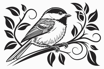 Black and white illustration of a bird on a branch isolated on white background