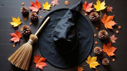 Flatlay of black witch hat, small broom, pinecones, and autumn leaves on dark wooden background.