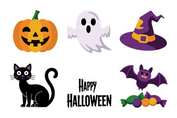 Black cat and bat with pumpkin icons, ghost and witch hat, happy halloween label, festive vector illustration, holiday party design