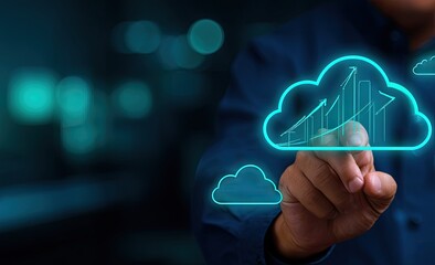 Person touches a glowing cloud with growing graphs, representing cloud computing