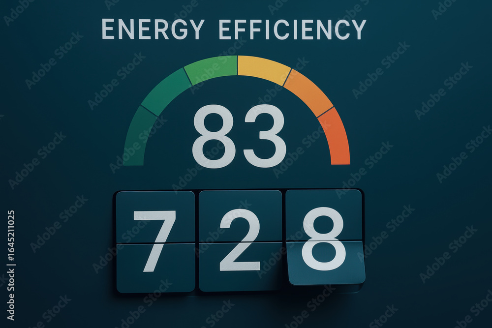 Poster energy efficiency meter showing score of 83 with dial gauge and numeric counter highlighting social 
