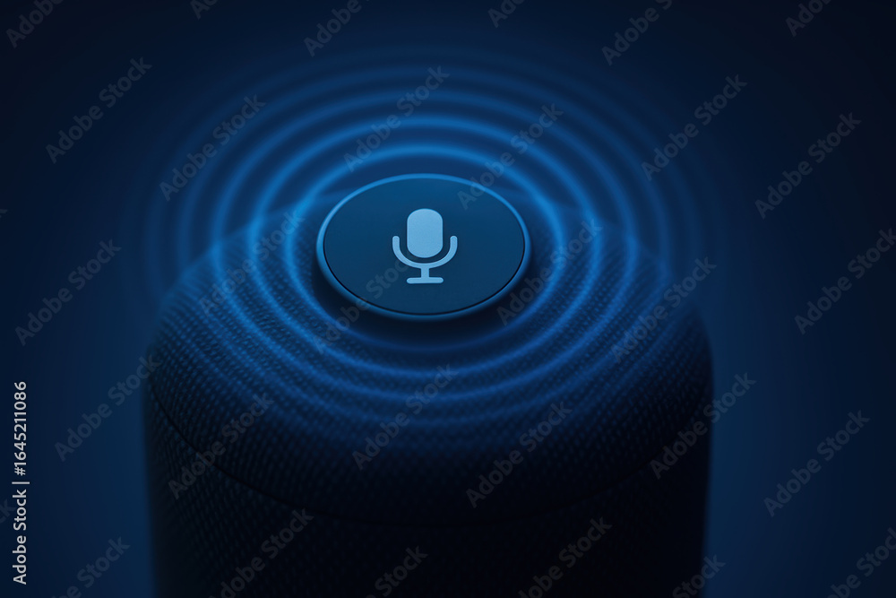 Poster voice assistant device with microphone button emitting sound waves representing ai for social impact