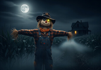 Halloween scarecrow in cornfield under full moon with haunted house