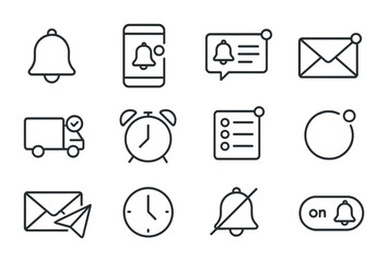 Mobile Push Notification Icons. Outline icon set of mobile push notifications: notification bell, phone screen