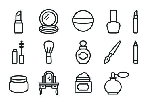 Vintage Beauty Icons. Outline icon set of vintage makeup and beauty: lipstick case, compact mirror, powder