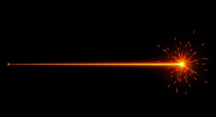A powerful narrow orange laser beam cuts horizontally across a stark black background The beam terminates in a bright energetic burst scattering glowing embers and sparks