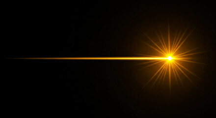 A single intense golden light beam streaks horizontally across a dark void The beam originates from a brilliant star-like burst of light with radiating flares