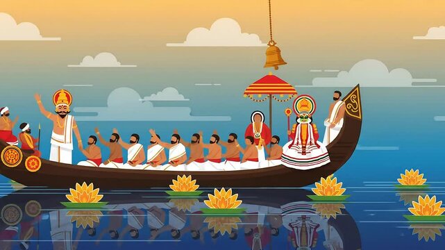 Vibrant Onam Festival Animation: King Mahabali's Majestic Procession on a Kerala Snake Boat.