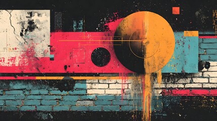 A bold and vibrant abstract mural featuring a dynamic mix of colors shapes and textures inspired by the energy and spontaneity of graffiti art on an urban wall