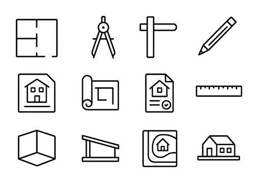 Architectural Icons Grid. Outline icon set of architectural blueprints and tools: floorplan, compass, T-square