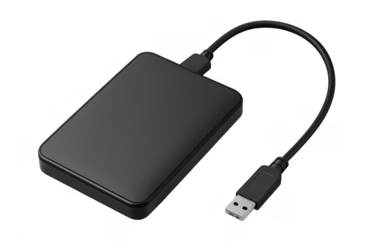 External hard drive with usb cable on transparent background