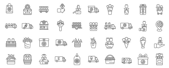 Flower bouquet service line icon set. Vector pictograms of arrangement, vase, wrap, roses, thank, wedding, birthday, sympathy, teddy, bear, chocolate, thin linear illustration