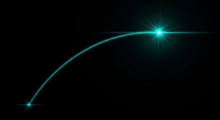 A single glowing turquoise line curves gracefully against a deep black void A brilliant star-like light source emanates from the upper right illuminating the arc