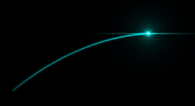 A luminous turquoise arc of light curves across a deep black void culminating in a bright star like flare