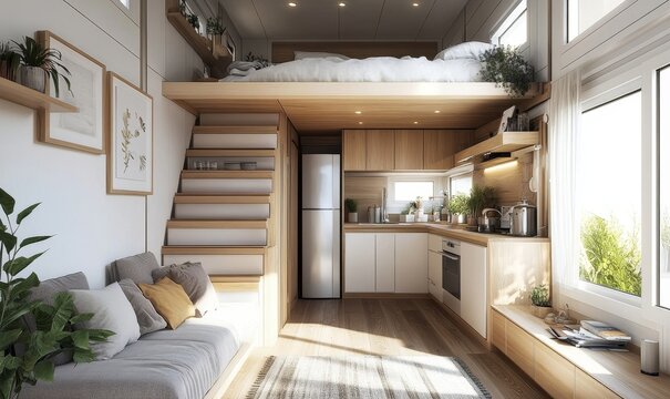 Tiny home project concept, illustrating a minimalist lifestyle that advocates living more with less. The design of compact living spaces focuses on simplicity, functionality, Generative AI