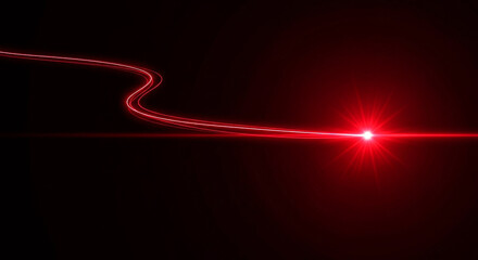 A single intense red light source emits a focused beam that curves and trails across a deep black void creating a striking visual effect