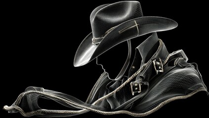 Silhouette of a man in a cowboy hat and leather jacket, rendered in a wireframe style