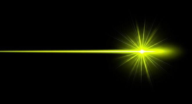 A vibrant yellow laser beam extends horizontally across a black background culminating in a brilliant starburst or lens flare effect with radiating light rays