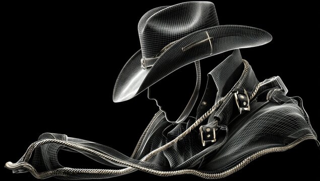 Silhouette of a man in a cowboy hat and leather jacket, rendered in a wireframe style