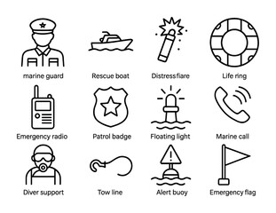 Fototapeta premium Sea Patrol Icons. Outline icon set of sea patrol and rescue: marine guard, rescue boat, distress flare, life