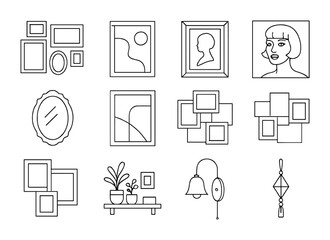 Fototapeta premium Maximalist Gallery Icon Set. Outline icon set of maximalist gallery wall curation: mismatched frames, abstract