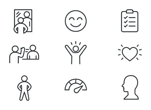 Confidence Icons Grid. Outline icon set of confidence building strategies: mirror pose, personal mantra,