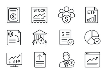 Financial Icons Grid. Outline icon set of financial instruments: bond coupon, equity stock, mutual fund, ETF
