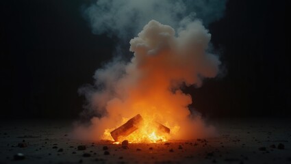 A dramatic cloud of smoke rising from a burning element on a surface.