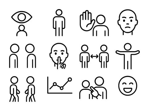 Non-Verbal Communication Icons. Outline icon set of non-verbal communication in teams: eye movement, posture