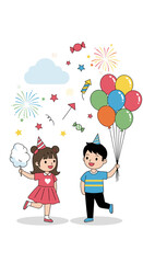 Celebrating childhood joy with balloons cotton candy and fireworks a delightful festive scene