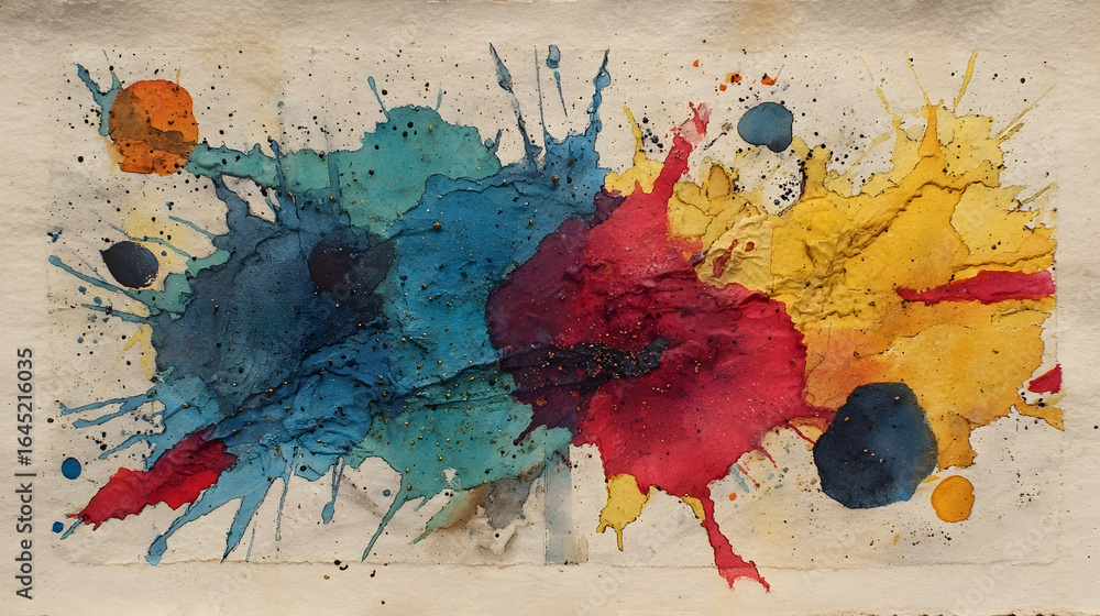 Poster a captivating abstract painting featuring a dynamic composition of vibrant expressive splashes of bo