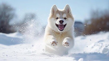 Happy Husky puppy running through deep snow in winter landscape
